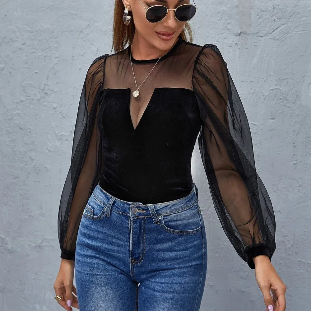 Black Preppy Womens Keyhole Back Mesh Lantern Sleeve Top - Picture 1 of 5